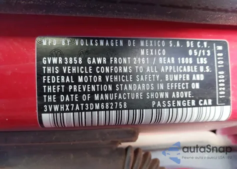 2013 Volkswagen Beetle from USA, damaged, VIN 3VWHX7AT3DM682758